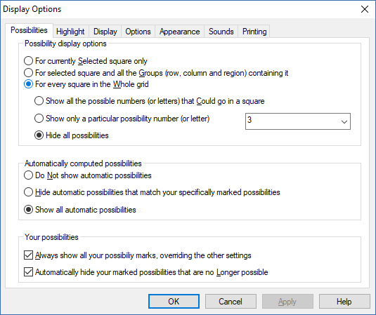 Possibility display options